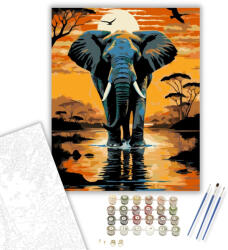  Naplemente Elefánt a Folyónál - számfestő készlet - 40×50 cm (Keretre feszítve)