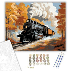  Őszi Erdőn Átszáguldó Gőzmozdony - számfestő készlet - 40×50 cm (Keretre feszítve)