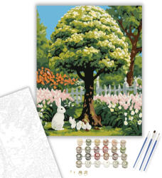  Húsvéti Fa Nyuszival és Csibékkel - számfestő készlet - 40×50 cm (Keretre feszítve)