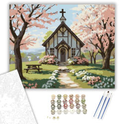  Húsvéti Kereszt a Virágzó Kertben - számfestő készlet - 40×50 cm (Keretre feszítve)