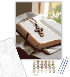  Nyitott Biblia és Kereszt - számfestő készlet - 40×50 cm (Keretre feszítve)