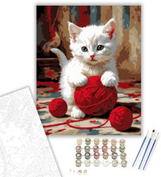 Számfestő Fehér Kiscica Piros Fonallal - számfestő készlet - 40×50 cm (Keretre feszítve) (crea5895-40X50-KF)