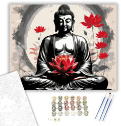  Meditáló Buddha Vörös Lótuszokkal - számfestő készlet - 40×50 cm (Keretre feszítve)