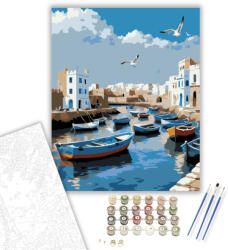  Essaouira Kikötője Kék Halászhajókkal - számfestő készlet - 40×50 cm (Keretre feszítve)