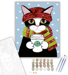 Számfestő Macska Téli Kávéval - számfestő készlet - 40×50 cm (Keretre feszítve) (cats034-40X50-KF)
