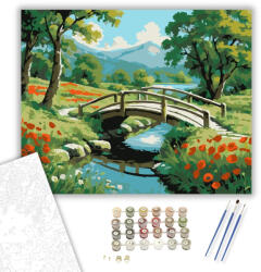  Pipacsok és Fahíd a Patak Fölött - számfestő készlet - 40×50 cm (Keretre feszítve)