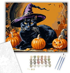  Boszorkányos Halloween Macskája - számfestő készlet - 40×50 cm (Keretre feszítve)