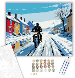  Téli Motoros a Havas Faluban - számfestő készlet - 40×50 cm (Keretre feszítve)