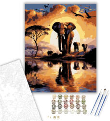  Naplementei Elefántok a Folyóparton - számfestő készlet - 40×50 cm (Keretre feszítve)