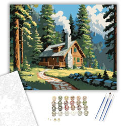  Erdei Házikó Fenyvesben - számfestő készlet - 40×50 cm (Keretre feszítve)