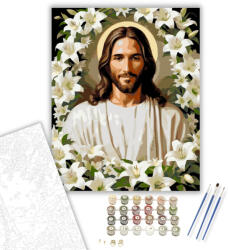  Jézus Fehér Liliomokkal - számfestő készlet - 40×50 cm (Keretre feszítve)