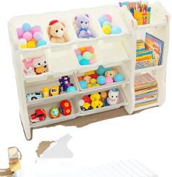  Játéktároló állvány, 4 nagy és 8 kis kosár, könnyen összeszerelhető, FEHÉR