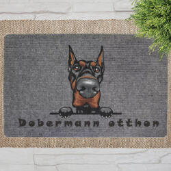  Hegyes fülű Dobermann kutyás lábtörlő szürke háttérrel (60 x 40 x 0, 2 cm)