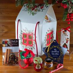  Winter Star Cottage - Ajándékok házikó formájú dobozban - Fehér - mikulás virágos LED fényfüzérrel