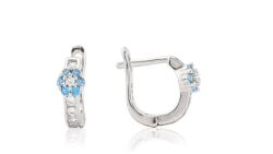 Ezüst baba fülbevaló franciakapcsos virág világoskék szirmokkal