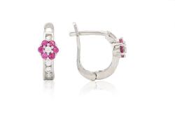 Ezüst baba fülbevaló franciakapcsos virág pink szirmokkal