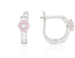 Ezüst baba fülbevaló franciakapcsos apró virág rózsaszín szirmokkal ródiumbevonatos