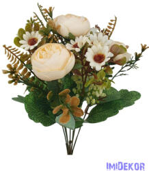  Peónia selyemvirág csokor kiegészítőkkel 35cm - Krém