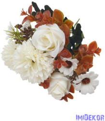  Rózsa-Krizantém vegyes selyemvirág csokor 31cm - Törtfehér
