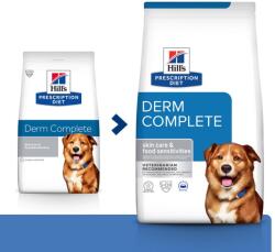 Hill's Hill' s Prescription Diet Canine Derm Complete 12 kg + 3 kutyakonzervek GRÁTISZ
