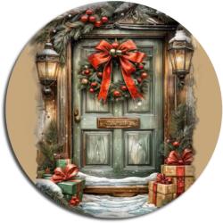  Nyomtatott fa tábla koszorú közép - Karácsonyi piros-zöld téma koszorú közép 11, 8cm