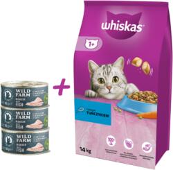 Wild Farm WHISKAS Hrană uscată pentru pisici 1+ cu ton 14kg+WILD FARM Mousse White Fish 3x85g