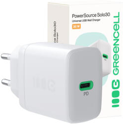Green Cell GreenCell PowerSource Solo30 Töltő USB-C, Fehér, 30W Power Delivery Hálózati AdapterCHARB-GC-30C-W