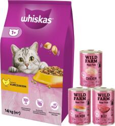Whiskas WHISKAS Száraz macskatáp 1+ csirkével 14kg + WILD FARM pástétom 3x400g