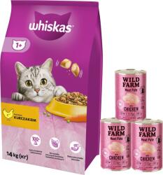Whiskas WHISKAS Száraz macskatáp 1+ csirkével 14kg + WILD FARM Pate csirkével 3x400g