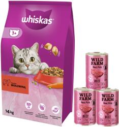 Whiskas WHISKAS Száraz macskatáp 1+ marhahússal 14kg + WILD FARM Pate marhahússal 3x400g