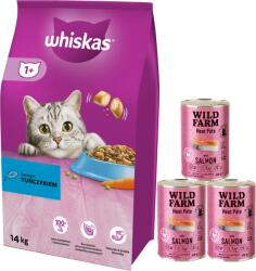 Whiskas WHISKAS Száraz macskatáp 1+ tonhallal 14kg + WILD FARM Pate lazaccal 3x400g