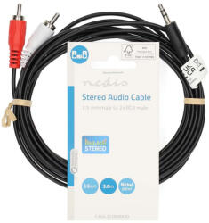 Nedis CAGL22200BK30 sztereó audio kábel, 3.5 mm apa-2x RCA apa, 3 m, fekete