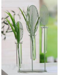  3 részes zöld színű fém és üveg váza, levél sziluettel, 29cm