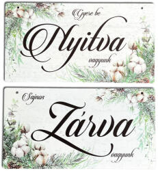  Nyomtatott fa tábla - Zárva-Nyitva tábla - téli gyapotvirággal 24, 3x13cm - csinaldmagadshop