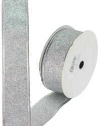  Karácsonyi szalag glitteres - ezüst, drótos szegéllyel