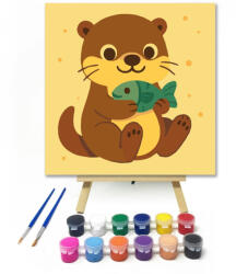  Vidám Vidrakölyök a Halacskával - gyerek számfestő készlet - 20×20 cm (Keretre feszítve)