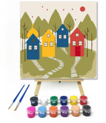  Színes falusi utackép - gyerek számfestő készlet - 20×20 cm (Keretre feszítve)