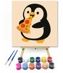  Cuki Pingvin Pizzával - gyerek számfestő készlet - 20×20 cm (Keretre feszítve)