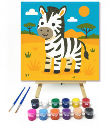  Vidám Zebrakölyök a Szavannán - gyerek számfestő készlet - 20×20 cm (Keretre feszítve)