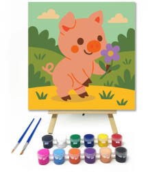  Vidám Malacka a Virágos Réten - gyerek számfestő készlet - 20×20 cm (Keretre feszítve)