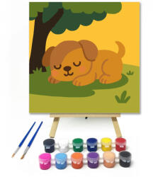  Szundikáló Kiskutya a Fa Alatt - gyerek számfestő készlet - 20×20 cm (Keretre feszítve)