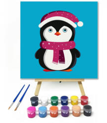  Mikulás pingvin - gyerek számfestő készlet - 20×20 cm (Keretre feszítve)