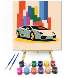  Színes házak előtt - gyerek számfestő készlet - 20×20 cm (Keretre feszítve)