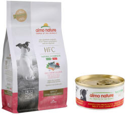 Almo Nature HFC 1, 2kg Almo Nature HFC Adult XS-S lazac száraz kutyatáp + 12x95g Almo Nature HFC marha&sonka nedves kutyatáp 50% kedvezménnyel