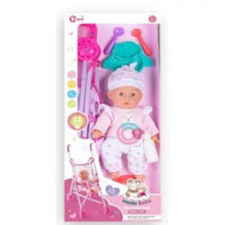 Man Yuk Toys Játékbaba babakocsival és kiegészítőkkel - 35 cm, fehér sapkában (WZB108-10) (WZB108-10)
