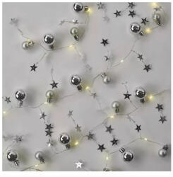 LED karácsonyi fényfüzér - ezüst gömb csillagokkal, 1, 9m, 2xAA, beltéri, meleg fehér, időz