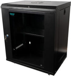  Kabinfülke 19″ SPACER 12U 500x400mm, falra rögzíthető, Flatpack (nem összeszerelve), fekete, kivehető panelek, 1mm acél, maximális teherbírás 25kg