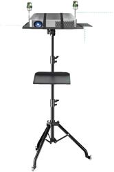  Projektor állvány, 23-63 hüvelyk között állítható magasságú, kamerákkal és világítással kompatibilis, telefontartóval és tálcával, 145 cm szállodával