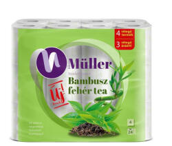  Toalettpapír 4 rétegű kistekercses 100% cellulóz 100 lap/tekercs 24 tekercs/csomag Bambusz Müller Fehér Tea