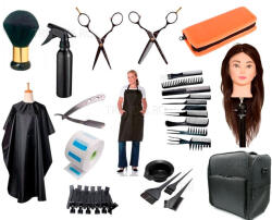 Pauco Set Kit Frizerie Coafor Belle cu Geanta Echipata, Cap Practica Manechin si Foarfeci Tuns si Filat